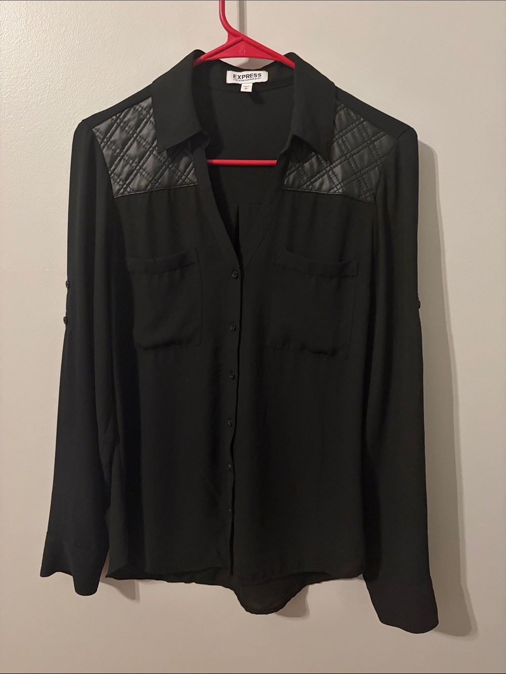 Express Black Portofino Button-Down Blouse with Quilted Shoulder Panels